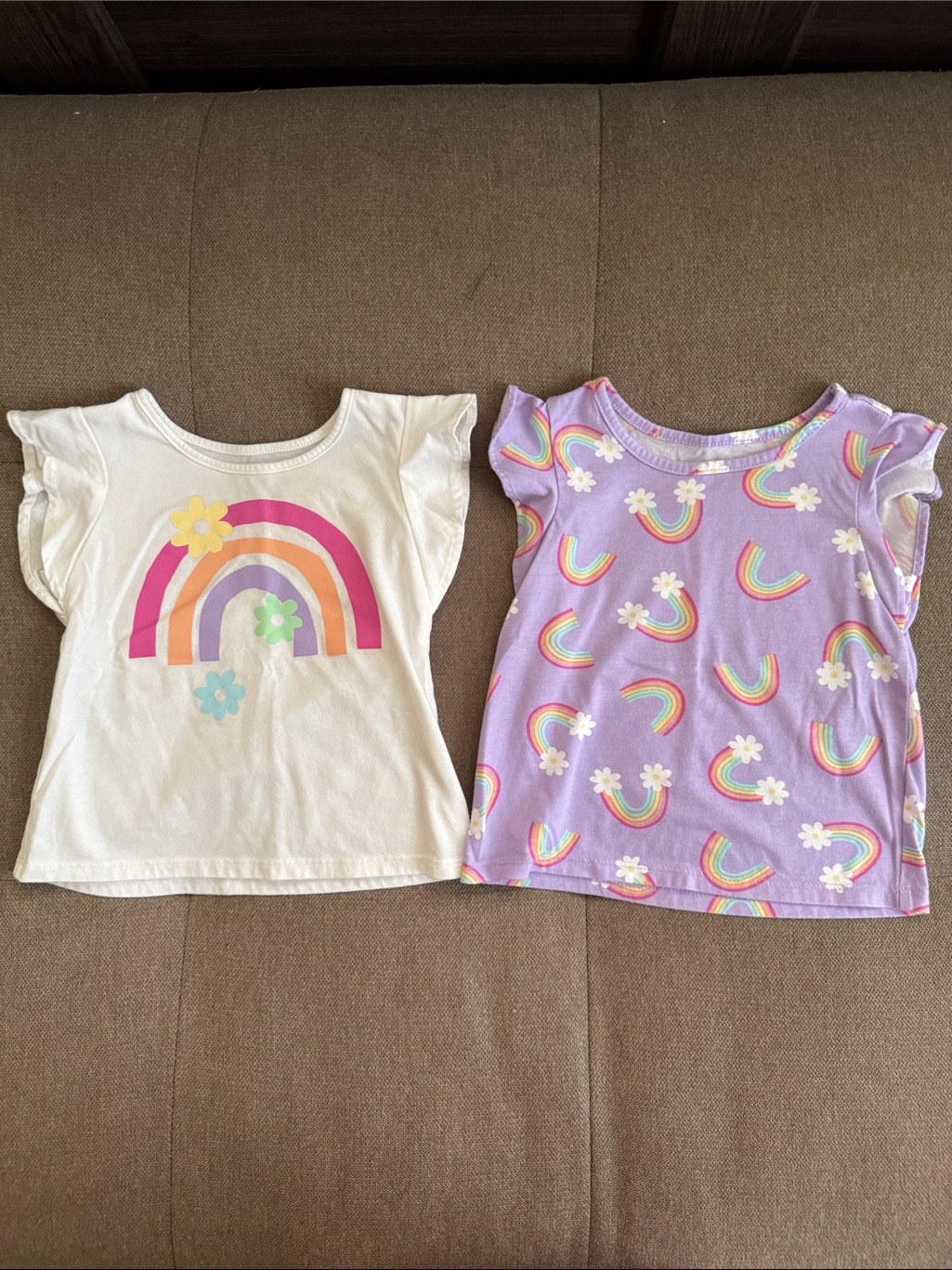 Girls Rainbow Flutter Sleeve Tee Set - White & Lavender